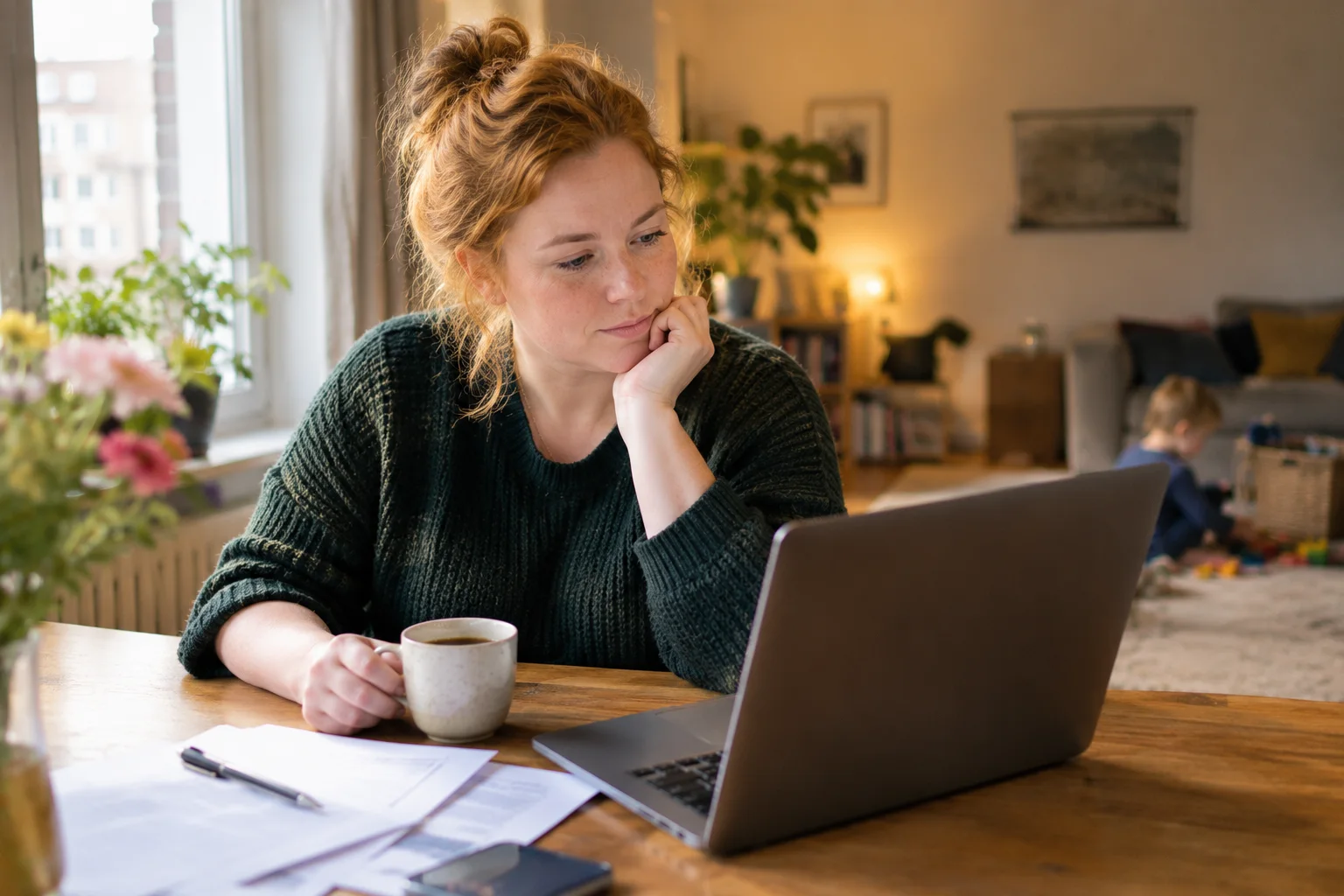 Loes in haar woonkamer, twijfelt over stoppen met werken
