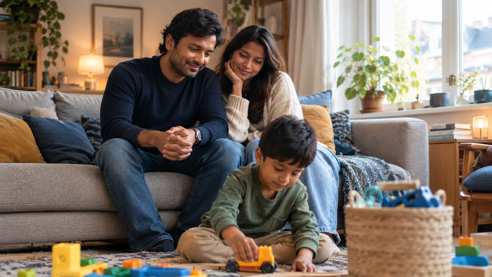 Expat Vijay en Sayali met hun zoontje op de bank