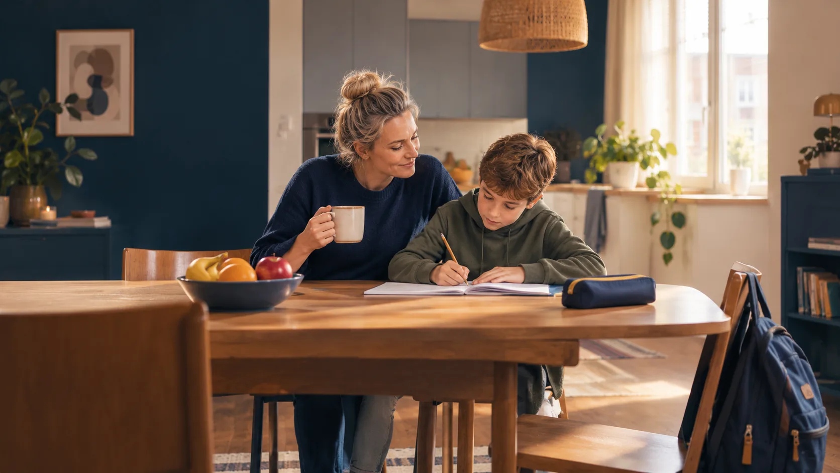 Sanne en haar zoon aan de keukentafel, hij maakt huiswerk