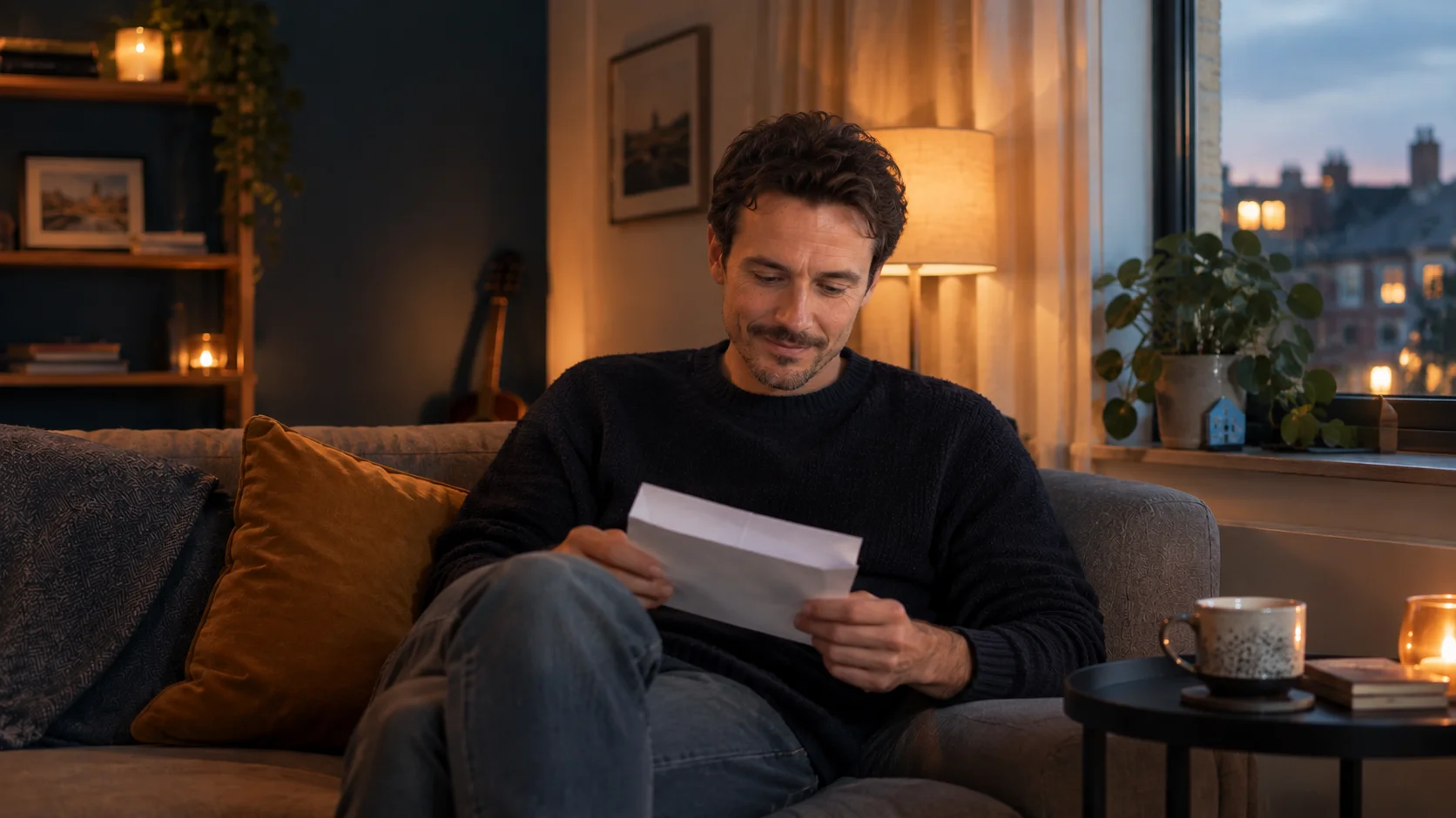 Thijs op de bank met een geopende brief, opgelucht